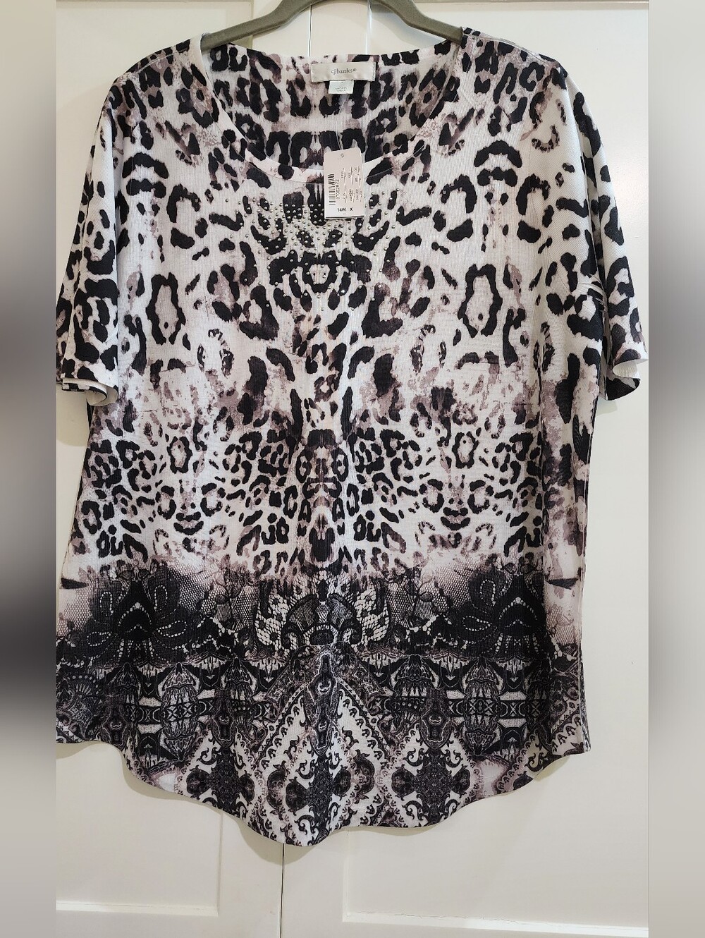 CJ Banks Black and Gray Animal Print Short Sleeve Top